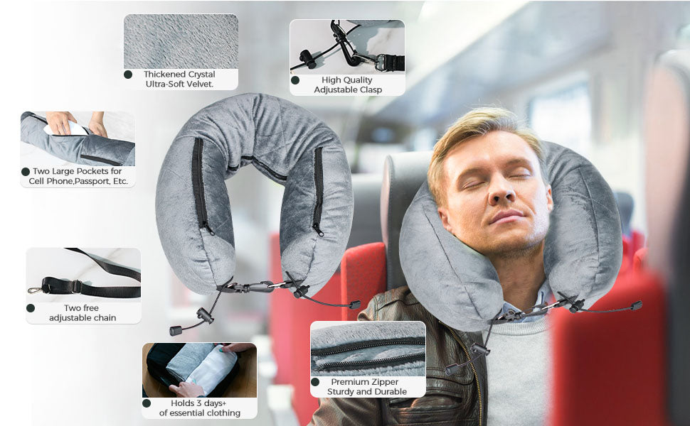 Stuffable Travel Pillow for Extra Luggage, Velvet Travel Neck Pillow with Adjustable Clasp, Fits 3+ Days of Travel Essentials with Two Large Pockets,Multifunctional Sleeping Rest Cushion.