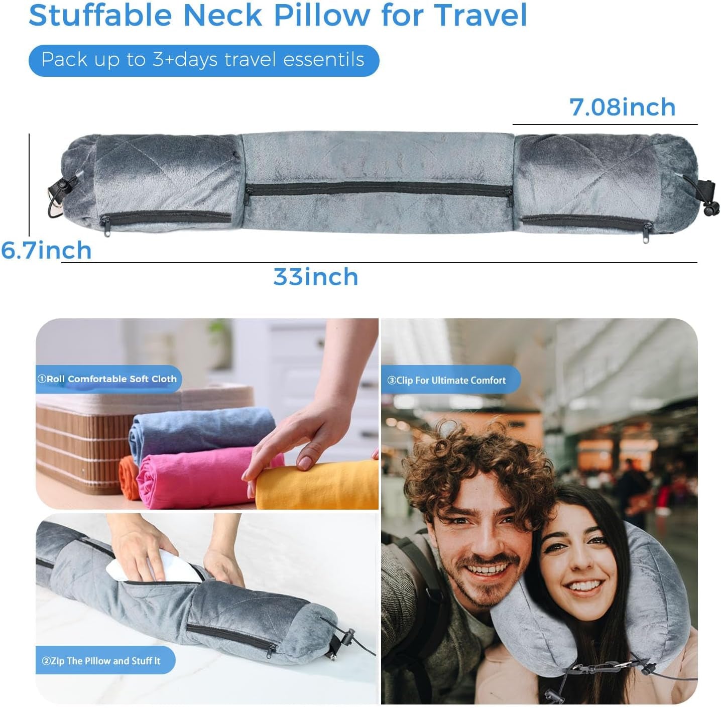 Stuffable Travel Pillow for Extra Luggage, Velvet Travel Neck Pillow with Adjustable Clasp, Fits 3+ Days of Travel Essentials with Two Large Pockets,Multifunctional Sleeping Rest Cushion.