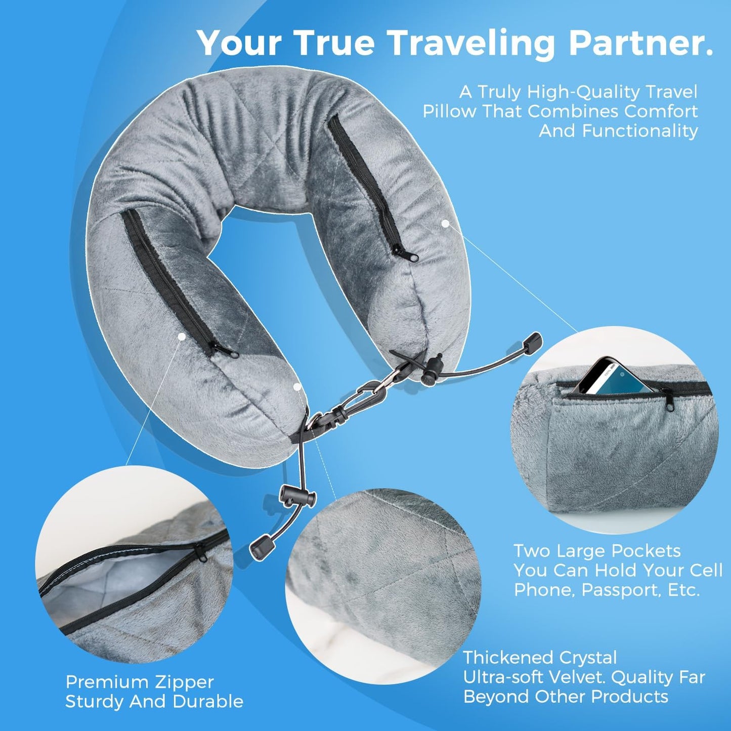 Stuffable Travel Pillow for Extra Luggage, Velvet Travel Neck Pillow with Adjustable Clasp, Fits 3+ Days of Travel Essentials with Two Large Pockets,Multifunctional Sleeping Rest Cushion.